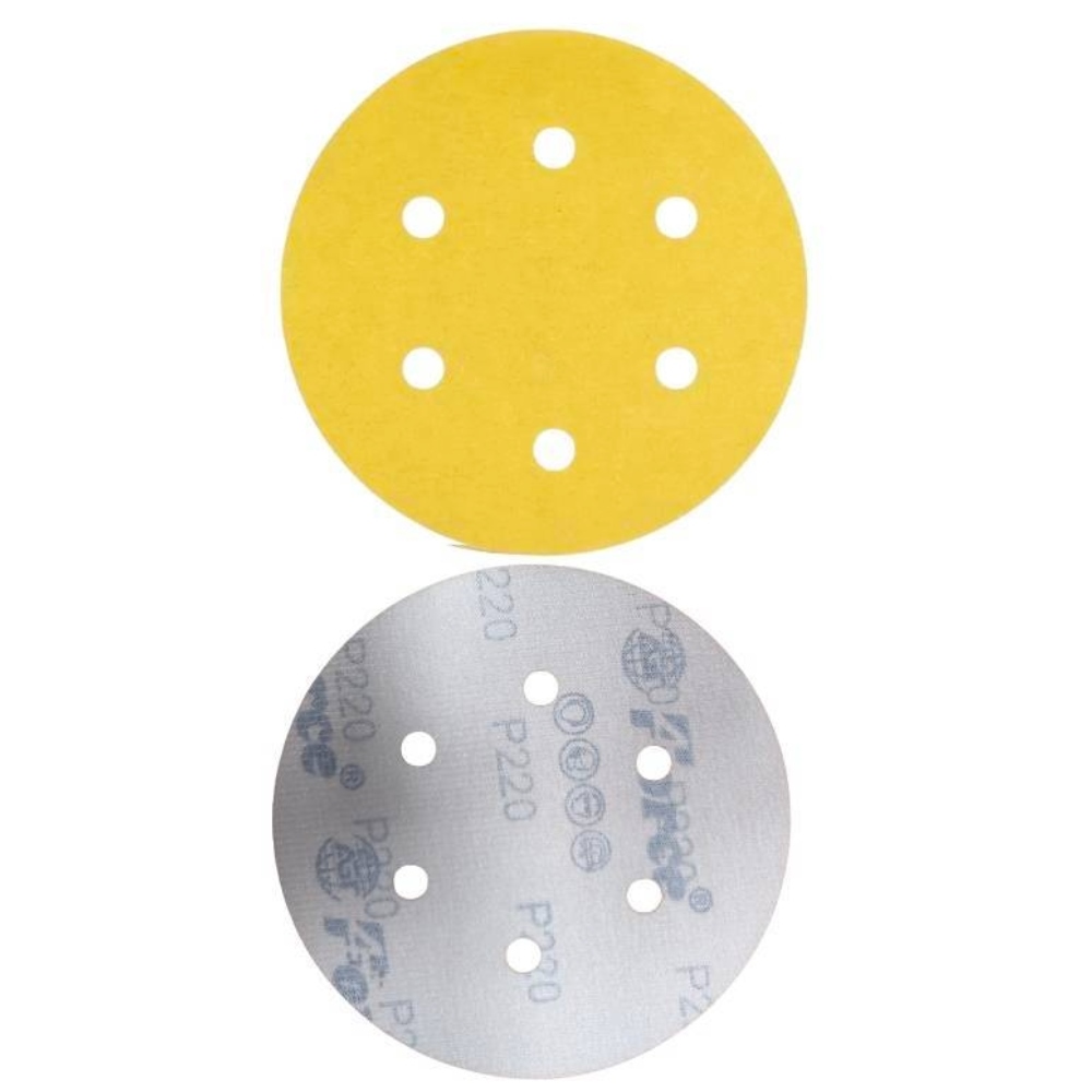 6 Inch 6 Holes 220 Grit Yellow Sanding Velcro Disc Pack of 100